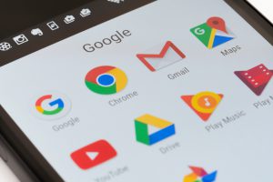 Melbourne, Australia - May 23, 2016: Close-up view of Google apps on an Android smartphone, including Chrome, Gmail, Maps.
